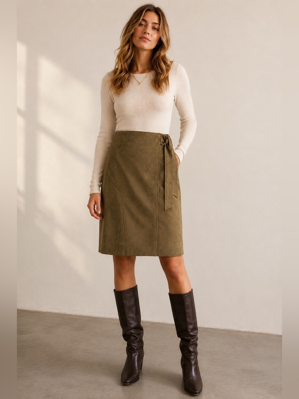 Maeve Olive Green Suede Wrap Skirt